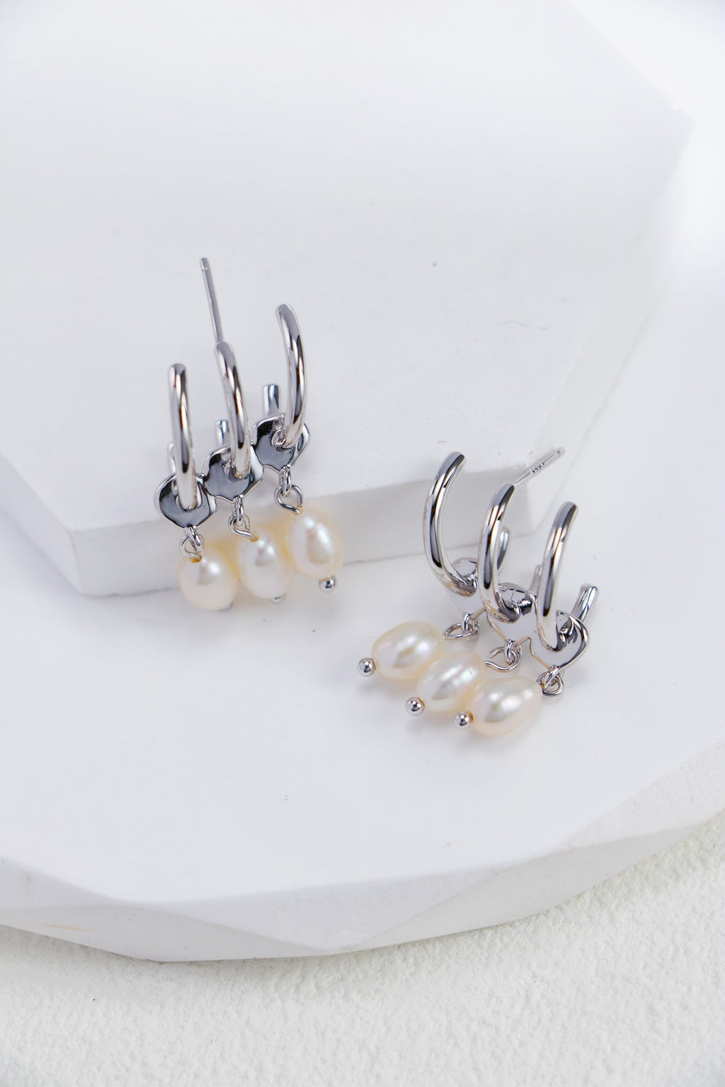 Cascading Pearl Triple Hoop Earrings