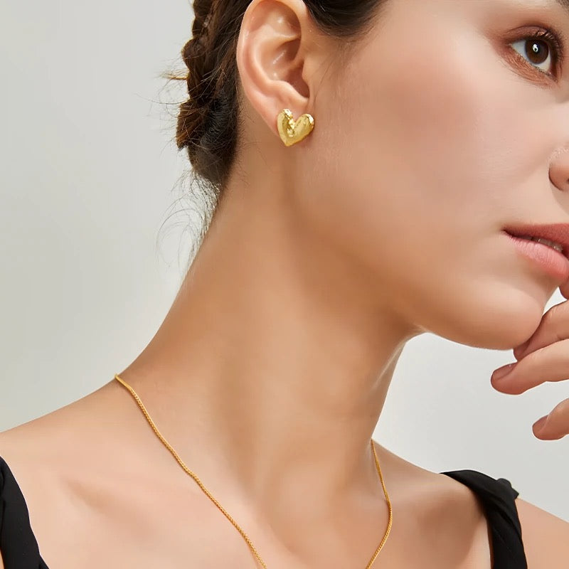 Golden Textured Heart Stud Earrings